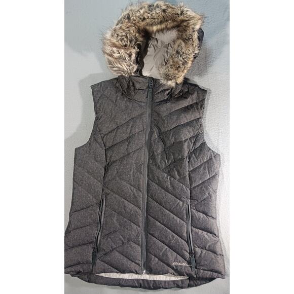 Eddie Bauer Women’s Hooded Down Vest M Gray Faux Fur Trim Winter Puffer Warm - Picture 1 of 8